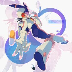  1boy armor ass assault_visor black_bodysuit black_hair bodysuit from_behind green_eyes helmet highres male_focus meddy.exe_(mega_man) mega_man_(series) mega_man_battle_network_(series) megaman.exe pink-tinted_eyewear solo solo_focus tinted_eyewear to_i_to_io white_armor white_helmet zoom_layer 
