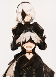  1boy 2b_(nier:automata) 9s_(nier:automata) black_blindfold black_dress black_gloves black_hairband blindfold blush commentary_request covered_eyes dress female gloves hairband juliet_sleeves long_sleeves mole mole_under_mouth nier:automata nier_(series) open_mouth puffy_sleeves short_hair simple_background smile totteri white_hair 