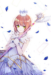  brown_hair cardcaptor_sakura cardcaptor_sakura_clear_card_arc clear_card commentary_request crown dress female gloves green_eyes highres holding holding_staff kinomoto_sakura kinomoto_sakura_(crystal_feather_dress) petals short_hair sleeveless sleeveless_dress soap_(user_kghh4755) solo staff standing white_background white_gloves yume_no_tsue 