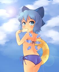  ass bare_arms bare_shoulders bikini blue_eyes blue_hair blue_sky blush bushi_(1622035441) cirno cloud cowboy_shot day female food from_behind holding ice_cream innertube lolicon looking_back midriff short_hair side-tie_bikini sky solo standing sun swimsuit thighs touhou wings 