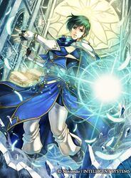  1boy belt book boots cape ced_(fire_emblem) commentary_request company_name feathers fingerless_gloves fire_emblem fire_emblem:_genealogy_of_the_holy_war fire_emblem_cipher gloves green_eyes green_hair magic_circle male_focus official_art rock takaya_tomohide teeth 