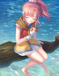  barefoot branch closed_eyes closed_mouth commentary_request day eiyuu_densetsu female fingerless_gloves floating_hair gloves in_tree moai_(aoh) ocean photoshop_(medium) pink_hair ponytail short_sleeves sitting sitting_in_tree skirt smile solo tree umi_no_oriuta una_(eiyuu_densetsu) water white_gloves white_skirt wind 