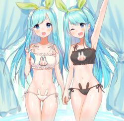  2girls :d animal_band_panties animal_ear_underwear arm_up armpits ass black_bra black_panties blue_eyes blue_hair blush bra breasts breasts_apart collarbone commentary_request cona_kinaco cowboy_shot curtains frilled_bra frills green_ribbons hair_ribbon hand_in_own_hair head_tilt highres holding_hands long_hair looking_at_viewer medium_breasts multiple_girls navel near_(sound_voltex) noah_(sound_voltex) one_eye_closed open_mouth panties rabbit_cutout rabbit_ear_panties rabbit_lingerie ribbon siblings side-tie_panties sisters smile sound_voltex swept_bangs thick_eyebrows thigh_gap twins underwear underwear_only v-shaped_eyebrows very_long_hair white_bra white_panties 