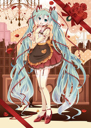  absurdly_long_hair apron aqua_hair blue_eyes chocolate commentary_request female full_body garter_straps hair_ornament hairclip hatsune_miku headdress heart long_hair looking_at_viewer nail_polish puffy_sleeves red_theme skirt smile solo thighhighs tsujiori twintails valentine very_long_hair vocaloid 