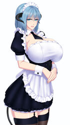  baru_(val-val) blue_eyes blue_hair breasts cleavage cyan_(baru) dress female female highres horns huge_breasts long_image maid maid_headdress matching_hair/eyes monster_girl pixiv_manga_sample resized shoes short_hair simple_background solo succubus tail tall_image thigh_gap thighhighs white_background zettai_ryouiki 