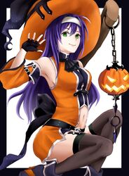  aplche belt black_gloves blue_hair closed_mouth clothing_cutout commentary_request detached_sleeves female fingerless_gloves fire_emblem fire_emblem:_path_of_radiance fire_emblem_heroes gloves green_eyes halloween halloween_costume hat headband jack-o&#039;-lantern long_hair mia_(fire_emblem) mia_(halloween)_(fire_emblem) navel navel_cutout smile solo white_headband witch_hat 