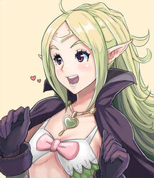  :d ahoge blush breasts cape circlet collarbone commentary_request female fire_emblem fire_emblem_awakening gem gloves green_hair heart long_hair looking_to_the_side mynare nowi_(fire_emblem) open_mouth parted_bangs photoshop_(medium) pointy_ears purple_eyes purple_gloves simple_background small_breasts smile solo upper_body yellow_background 