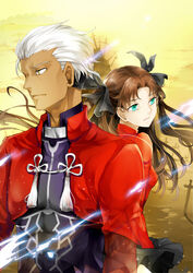  1boy archer_(fate) blue_eyes brown_eyes brown_hair commentary_request dark-skinned_male dark_skin fate/stay_night fate_(series) female field_of_blades hair_ribbon jond.dm long_hair photoshop_(medium) planted ribbon tohsaka_rin two_side_up weapon white_hair 