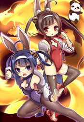  2girls :d ahoge animal_ears azur_lane bare_shoulders black_thighhighs breasts brown_eyes brown_hair brown_pantyhose cleavage cleavage_cutout clothing_cutout commentary_request dragon eastern_dragon fighting_stance fur-trimmed_jacket fur_trim hair_rings hairband hairpods highres jacket leotard long_hair long_sleeves looking_at_viewer medium_breasts multiple_girls ning_hai_(azur_lane) ning_hai_(moon_palace_rabbit)_(azur_lane) off_shoulder official_alternate_costume open_mouth panda pantyhose parted_lips ping_hai_(azur_lane) ping_hai_(osmanthus_moon_rabbit)_(azur_lane) puffy_long_sleeves puffy_sleeves purple_eyes purple_footwear purple_hair purple_leotard rabbit_ears red_leotard shoes small_breasts smile standing standing_on_one_leg stirrup_legwear thighhighs toeless_legwear twintails v-shaped_eyebrows very_long_hair white_hairband white_jacket zetsuei_(zetto) 