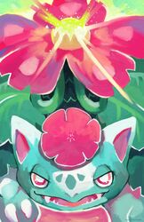  2015 ambiguous_gender claws digital_media_(artwork) digital_painting_(artwork) elemental_creature fangs feral flora_fauna flower front_view generation_6_pokemon glowing gradient_background green_background green_spots half-closed_eyes hi_res leaf mega_evolution mega_venusaur narrowed_eyes nintendo nude open_mouth open_smile outline pink_background plant pokemon pokemon_(species) quadruped raised_leg rinnai-rai scalie simple_background smile solar_beam solo spots teeth toe_claws tree vines white_claws 