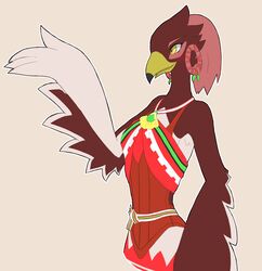  absurd_res anthro avian beak bird breath_of_the_wild cecili_(tloz) clothed clothing ear_piercing feathers female hi_res nintendo piercing rito simple_background solo the_legend_of_zelda xan_(pixiv) yellow_eyes 