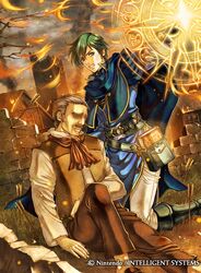  1boy arrow_(projectile) belt book boots cape ced_(fire_emblem) commentary_request company_name faceless facial_hair fire fire_emblem fire_emblem:_genealogy_of_the_holy_war fire_emblem_cipher green_eyes green_hair magic_circle male_focus moustache official_art sitting takaya_tomohide teeth 