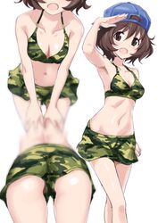  akiyama_yukari armpits ass backwards_hat bare_shoulders baseball_cap bikini bikini_shorts breasts brown_eyes brown_hair camouflage camouflage_bikini cleavage collarbone commentary_request female gin&#039;you_haru girls_und_panzer green_bikini hat head_out_of_frame highres leaning_forward looking_at_viewer medium_breasts multiple_views navel open_mouth salute short_hair shorts simple_background smile stomach swimsuit white_background 