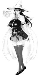  breasts cape commentary_request dated earrings female greyscale hand_on_own_hip hat highres huge_breasts jewelry kagari_ayaka long_hair monochrome orushibu pout simple_background skirt solo thighhighs translation_request white_background witch_craft_works witch_hat zettai_ryouiki 