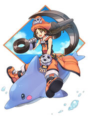  anchor babystar bad_id bad_pixiv_id belt blush brown_eyes brown_hair female fingerless_gloves gloves guilty_gear hat long_hair may_(guilty_gear) orange_hat orange_shirt photoshop_(medium) pirate pirate_hat shirt skull_and_crossbones smile 