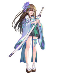  :d alternate_costume arm_strap black_skirt blue_ribbon blue_rope breasts brown_hair cleavage commentary_request earrings female flower full_body geta green_eyes hair_flower hair_ornament hamahama hands_up highres holding holding_sheath holding_sword holding_weapon idolmaster idolmaster_cinderella_girls japanese_clothes jewelry katana kimono leg_ribbon legs long_hair looking_at_viewer miniskirt ootachi open_mouth photoshop_(medium) pleated_skirt purple_flower ribbon rope sageo sash saya_(scabbard) scabbard sheath sheathed shibuya_rin shimenawa simple_background skirt smile solo standing stud_earrings sword tabi thigh_ribbon weapon white_background white_kimono wide_sleeves wind 