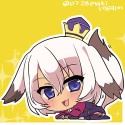  :3 :d absurdres all_fours animal_ears blue_eyes blush bob_cut boots chibi choker clenched_hands commentary_request crown dress female fox_ears fox_girl fox_tail from_side full_body garter_straps gold_trim hair_between_eyes happy highres juliet_sleeves kazuta_(kazutan62) lolicon long_sleeves looking_at_viewer mini_crown motion_lines no_nose on_ground open_mouth outline own_hands_together pink_choker puffy_sleeves purple_dress purple_footwear purple_shorts seisen_cerberus seisen_cerberus_ryuukoku_no_fatalite sharisharei sharisharuu_(seisen_cerberus) short_hair short_shorts shorts shorts_under_dress simple_background sleeve_cuffs smile solo sparkle tail tail_raised thighhighs twitter_username white_hair wide_sleeves yellow_background 