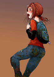  10ro backpack bag blush brown_background brown_hair commentary_request denim dirty ellie_(the_last_of_us) female green_eyes jeans open_mouth pants photoshop_(medium) ponytail solo surprised the_last_of_us the_last_of_us_(series) 