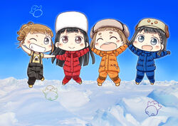  4girls :d ;) ^_^ antarctica black_hair black_pants blue_coat blue_eyes brown_eyes brown_hair chibi closed_eyes coat commentary hat hinata_yuu holding_hands iceberg kobuchizawa_shirase long_hair looking_at_viewer miyake_hinata multiple_girls one_eye_closed open_mouth orange_coat pants photoshop_(medium) red_coat shiraishi_yuzuki shirt smile snowscape sora_yori_mo_tooi_basho suspenders t-shirt tamaki_mari thick_eyebrows white_hat yellow_shirt 