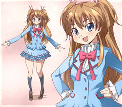  4040_(abonriya) aria_gakuen_school_uniform blue_eyes blue_shirt bow commentary_request female hands_on_own_hips houjou_hibiki long_hair looking_at_viewer orange_hair pink_bow precure school_uniform shirt skirt smile socks solo suite_precure 