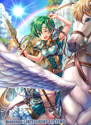  armor belt blue_eyes bridle commentary_request company_name day earrings feathered_wings fee_(fire_emblem) female fire_emblem fire_emblem:_genealogy_of_the_holy_war fire_emblem_cipher fumi_(butakotai) green_eyes green_hair headband holding holding_polearm holding_reins holding_weapon horseback_riding jewelry official_art one_eye_closed open_mouth pegasus pegasus_knight_uniform_(fire_emblem) photoshop_(medium) polearm rainbow reins riding short_hair sky solo sparkle spear sun water waterfall weapon wings 