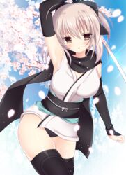  :o ahoge arm_at_side arm_guards arm_up armpits black_bow black_panties black_scarf black_thighhighs blue_sky blush bow breasts brown_eyes commentary_request contrapposto cowboy_shot day fate_(series) female glowing hairbow himemiya_niina japanese_clothes kimono koha-ace looking_at_viewer medium_breasts okita_souji_(fate) okita_souji_(koha-ace) open_mouth outdoors panties pantyshot petals pink_hair sash scarf shiny_skin short_hair short_kimono sky sleeveless sleeveless_kimono solo spring_(season) standing thighhighs thighs underwear white_kimono 