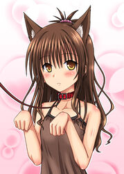  animal_ears blush brown_hair brown_shirt cat_ears collar collarbone commentary_request female hair_between_eyes hair_ornament hidaka_toworu long_hair looking_at_viewer photoshop_(medium) shiny_skin shirt short_ponytail sleeveless sleeveless_shirt solo to_love-ru upper_body yellow_eyes yuuki_mikan 