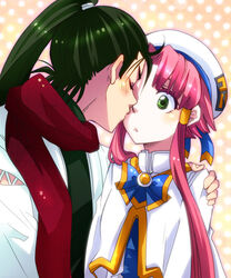  1boy aria_(manga) aria_company_uniform blush capelet commentary_request female green_eyes hair_tubes hat high_collar izumo_akatsuki kagura_(anomalo-anima) kissing kissing_cheek long_hair long_sleeves mizunashi_akari pink_hair ponytail scarf short_hair_with_long_locks sidelocks uniform white_capelet 