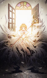  blonde_hair brown_eyes cardcaptor_sakura cardcaptor_sakura_clear_card_arc commentary_request crown day dress feathered_wings feathers female floating_hair gloves highres holding holding_staff indoors kinomoto_sakura kinomoto_sakura_(crystal_feather_dress) legs_together lengchan_(fu626878068) looking_at_viewer multiple_wings open_window photoshop_(medium) sitting solo staff stained_glass white_dress white_feathers white_gloves white_wings window wings yume_no_tsue 