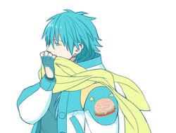  1boy bad_id bad_pixiv_id blue_hair dramatical_murder fingerless_gloves gloves jacket male_focus minato_(robin) scarf seragaki_aoba solo white_background 