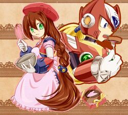  1boy android apron artist_request beret blonde_hair blue_eyes blush bowl braid brown_hair chocolate eating female fork gift gloves green_eyes hair_between_eyes hat heart helmet holding holding_bowl holding_fork iris_(rockman_x) long_hair low-tied_long_hair open_mouth patterned_background ribbon rockman rockman_x rockman_x4 smile valentine whisk white_gloves zero_(rockman) 