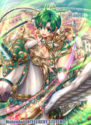  alicorn armor blue_eyes commentary_request company_name earrings feathered_wings fee_(fire_emblem) female fire_emblem fire_emblem:_genealogy_of_the_holy_war fire_emblem_cipher fumi_(butakotai) green_eyes green_hair headband holding holding_polearm holding_reins holding_weapon horseback_riding house jewelry official_art open_mouth pegasus pegasus_knight_uniform_(fire_emblem) photoshop_(medium) polearm reins riding short_hair sky solo spear thighhighs tree unicorn weapon wings 