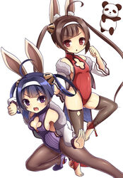  2girls :d ahoge animal_ears azur_lane bare_shoulders black_thighhighs breasts brown_eyes brown_hair brown_pantyhose cleavage cleavage_cutout clothing_cutout commentary_request fighting_stance fur-trimmed_jacket fur_trim hair_rings hairband hairpods highres jacket leotard long_hair long_sleeves looking_at_viewer medium_breasts multiple_girls ning_hai_(azur_lane) ning_hai_(moon_palace_rabbit)_(azur_lane) off_shoulder official_alternate_costume open_mouth panda pantyhose parted_lips ping_hai_(azur_lane) ping_hai_(osmanthus_moon_rabbit)_(azur_lane) puffy_long_sleeves puffy_sleeves purple_eyes purple_footwear purple_hair purple_leotard rabbit_ears red_leotard shoes simple_background small_breasts smile standing standing_on_one_leg stirrup_legwear thighhighs toeless_legwear twintails v-shaped_eyebrows very_long_hair white_background white_hairband white_jacket zetsuei_(zetto) 