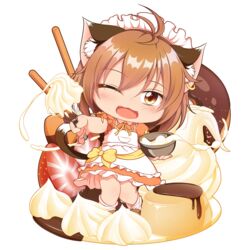  ;3 ;d ahoge alternate_costume animal_ear_piercing animal_ears apron blush bowl brown_eyes brown_footwear brown_hair cat_ears cat_tail checkerboard_cookie chen chibi commentary_request cookie doughnut enmaided female food frilled_apron frilled_skirt frills fruit hair_between_eyes head_tilt highres holding holding_bowl icing jewelry knees_together_feet_apart kurumai looking_at_viewer loose_socks maid maid_apron maid_headdress multiple_tails neck_ribbon oerba_yun_fang one_eye_closed open_mouth orange_shirt orange_skirt outstretched_arm pocky pudding puffy_short_sleeves puffy_sleeves ribbon shirt short_hair short_sleeves skirt smile socks solo standing strawberry tail touhou transparent_background whisk white_socks yellow_ribbon 