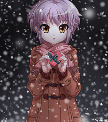  box brown_eyes chuunenpi coat commentary_request female heart nagato_yuki purple_hair scarf short_hair snow solo suzumiya_haruhi_no_yuuutsu 