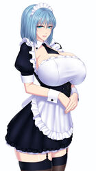  baru_(val-val) blue_eyes blue_hair breasts cleavage cyan_(baru) dress female female highres huge_breasts long_image maid maid_headdress matching_hair/eyes monster_girl pixiv_manga_sample resized shoes short_hair simple_background solo succubus tall_image thigh_gap thighhighs white_background zettai_ryouiki 