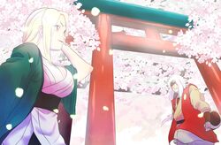  1boy breasts cherry_blossoms cleavage facial_mark female forehead_mark jiraiya naruto petals scroll tamagokara torii tree tsunade 