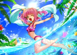  animal_ears bad_id bad_pixiv_id barefoot bikini cat_ears day female fish flower green_eyes hibiscus legs ocean oerba_yun_fang one_eye_closed outdoors palm_tree pink_bikini pink_hair riko_(k_riko) short_hair sky smile solo swimsuit tree twintails umi_monogatari urin_(umi_monogatari) wading 