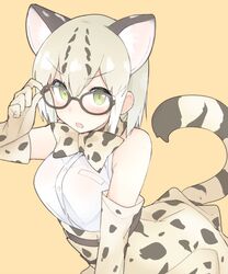  :o adjusting_eyewear animal_ears bad_id bad_pixiv_id bare_shoulders black-framed_eyewear blonde_hair blush bow bowtie breast_pocket breasts buttons cat_ears cat_tail elbow_gloves extra_ears eyebrows female glasses gloves gradient_hair green_eyes hair_between_eyes hand_up kemono_friends large_breasts looking_at_viewer margay_(kemono_friends) mobu multicolored_hair oerba_yun_fang open_mouth orange_background pocket sanpaku shirt short_hair simple_background skirt sleeveless sleeveless_shirt solo spotted_hair spotted_skirt striped_tail tail tsurime upper_body v-shaped_eyebrows white_hair white_shirt 