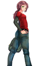  animification backpack bag blush brown_hair commentary_request denim ellie_(the_last_of_us) female green_eyes hand_on_own_hip highres jeans long_hair looking_at_viewer looking_back open_mouth pants ponytail solo the_last_of_us the_last_of_us_(series) white_background yoshida_ichitora 