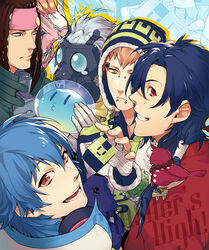  5boys aqlism barbell_piercing beni_(dramatical_murder) bird blonde_hair blue_hair brown_hair canine clear_(dramatical_murder) commentary_request dramatical_murder eyebrow_piercing gas_mask hat headband jellyfish koujaku lip_piercing looking_at_viewer major_mitchell&#039;s_cockatoo male_focus mask mink_(dramatical_murder) multiple_boys noiz_(dramatical_murder) nose_piercing piercing ren_(dramatical_murder) scar seragaki_aoba smile tori_(dramatical_murder) white_hair 