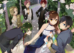  2girls 4boys adjusting_clothes adjusting_necktie bad_id bad_pixiv_id bare_shoulders black_hair black_shirt blue_dress blue_eyes brown_hair buttons closed_mouth collared_shirt couple dress earrings flower formal green_background green_hair grey_necktie hagiwara_daisuke hair_flower hair_ornament hand_up headphones highres holding holding_hands hori-san_to_miyamura-kun hori_kyouko iura_shuu jacket jewelry long_hair long_sleeves looking_at_viewer miyamura_izumi multicolored_hair multiple_boys multiple_girls necktie open_clothes open_jacket open_mouth orange_necktie outdoors photoshop_(medium) sengoku_kakeru shirt short_hair sideways_glance smile standing straight suit teenage vector_trace vest wedding_dress white_dress white_flower white_vest yanagi_akane yoshikawa_yuki_(hori-san_to_miyamura-kun) 