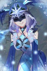  absurdres bare_shoulders cicin_mage_(genshin_impact) collarbone cryo_cicin_mage_(genshin_impact) delusion_(genshin_impact) erlnr female fur-trimmed_hood fur_trim gem genshin_impact highres hood mask short_hair snowflakes snowing solo tongue tongue_out white_hair 