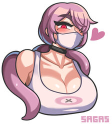  absurdres artist_name black_choker breasts choker cleavage collarbone cropped_torso female hair_over_one_eye heart highres large_breasts looking_at_viewer mask mole mole_under_eye mouth_mask overmind_(starcraft) personification purple_hair red_eyes sagas293 simple_background solo starcraft tank_top tentacle white_background white_mask white_tank_top zerg_(starcraft) 