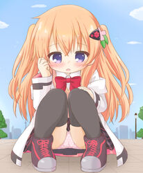  black_footwear black_skirt black_thighhighs blue_sky blush bow bowtie brown_hair clockwork_rabbit cloud collared_shirt commentary_request day dress_shirt female full_body gochuumon_wa_usagi_desu_ka? hair_between_eyes hair_ornament hairclip hand_up hoto_cocoa jacket lamppost long_hair looking_at_viewer off_shoulder open_clothes open_jacket outdoors panties parted_lips photoshop_(medium) pigeon-toed pink_panties pleated_skirt polka_dot polka_dot_panties purple_eyes red_bow red_bowtie ri-net shirt shoes skirt sky solo squatting sweater_vest thighhighs two_side_up underwear very_long_hair white_jacket white_shirt 