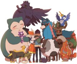  1boy aqua_jacket arms_at_sides bad_id bad_pixiv_id black_pants boltund cinderace comforting commentary_request corviknight cramorant dark-skinned_male dark_skin dubwool fur-trimmed_jacket fur_trim heatmor hop_(pokemon) hug jacket male_focus pants pincurchin pokemon pokemon_(creature) pokemon_swsh shoes silicobra snorlax standing trevenant white_background yoshino_(gunform) zacian 