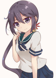  akebono_(kancolle) bell blue_sailor_collar blue_skirt closed_mouth female flower hair_bell hair_between_eyes hair_flower hair_ornament highres jingle_bell kantai_collection long_hair pleated_skirt purple_eyes purple_hair red_flower sailor_collar school_uniform serafuku short_sleeves side_ponytail simple_background skirt solo upper_body white_background yoriha_yashiro 