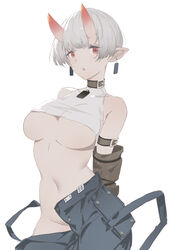  :o absurdres arm_strap arms_behind_back bad_id bad_pixiv_id breasts collar commentary convenient_censoring covered_collarbone cowboy_shot crop_top earrings female grey_pants groin halterneck highres horns huang_(volt0526) jewelry linea_alba looking_at_viewer midriff navel no_panties oni_horns original pants parted_lips partially_undressed pointy_ears red_eyes shirt short_hair simple_background solo suspenders suspenders_hanging underboob white_background white_hair white_shirt 