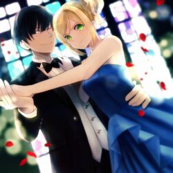  1boy amrta arm_around_waist bad_id bad_pixiv_id bare_shoulders black_hair black_suit blonde_hair blue_dress blurry blurry_background bow bowtie chateau_dankworth dancing dress female formal green_eyes hair_up koroshi_ai looking_at_viewer one_eye_closed petals ryang-ha_song smile straight suit traditional_bowtie 