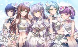  5girls aqua_hair ascot bad_neck bang_dream! black_hair blue_eyes blue_flower blue_rose bracelet braid brooch brown_hair choker clothing_cutout commentary_request crossed_arms dress earrings floral_print flower green_eyes green_flower green_rose grey_hair hair_flower hair_ornament hair_up hand_on_own_chest hikawa_sayo imai_lisa jewelry light_purple_hair long_hair looking_at_viewer minato_yukina multiple_girls neck_ribbon nennen pearl_bracelet pink_choker pink_flower pink_ribbon pink_rose purple_eyes purple_flower purple_hair purple_rose ribbon ribbon_choker rose roselia_(bang_dream!) shirokane_rinko short_sleeves shoulder_cutout side_ponytail sidelocks sitting sleeveless sleeveless_dress udagawa_ako white_dress white_flower white_rose wrist_cuffs yellow_eyes 